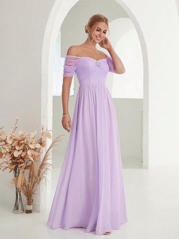 Off Shoulder Rhinestone Detail Chiffon Bridesmaid Dress