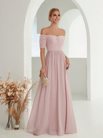 Off Shoulder Rhinestone Detail Chiffon Bridesmaid Dress