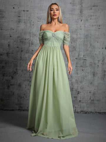 Off Shoulder Rhinestone Detail Chiffon Bridesmaid Dress