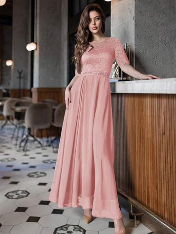 Contrast Lace Chiffon Panel Evening Party Maxi Dress