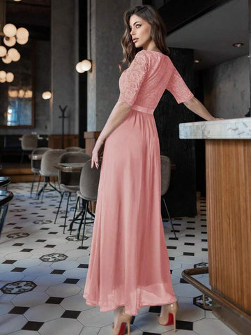 Contrast Lace Chiffon Panel Evening Party Maxi Dress