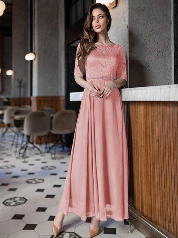 Contrast Lace Chiffon Panel Evening Party Maxi Dress