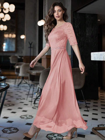 Contrast Lace Chiffon Panel Evening Party Maxi Dress