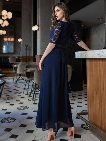Contrast Lace Chiffon Panel Evening Party Maxi Dress