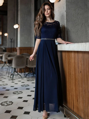 Contrast Lace Chiffon Panel Evening Party Maxi Dress