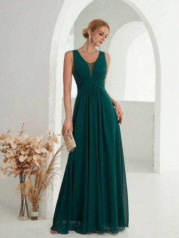 Plunging Neck Ruched Waist Chiffon Bridesmaid Dress