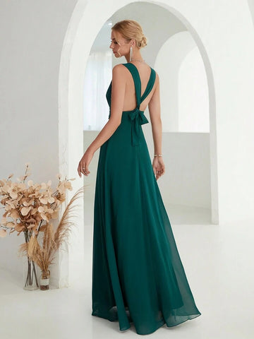 Plunging Neck Ruched Waist Chiffon Bridesmaid Dress