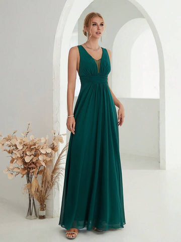 Plunging Neck Ruched Waist Chiffon Bridesmaid Dress