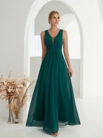 Plunging Neck Ruched Waist Chiffon Bridesmaid Dress