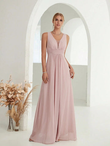 Plunging Neck Ruched Waist Chiffon Bridesmaid Dress