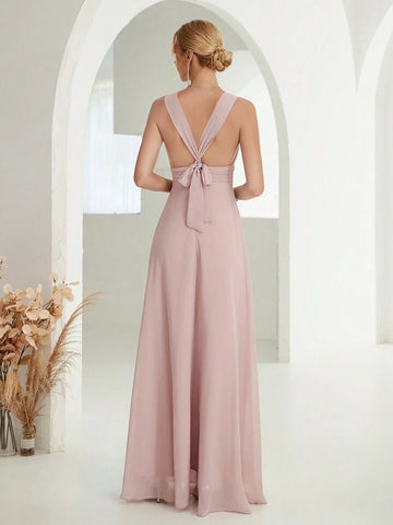 Plunging Neck Ruched Waist Chiffon Bridesmaid Dress
