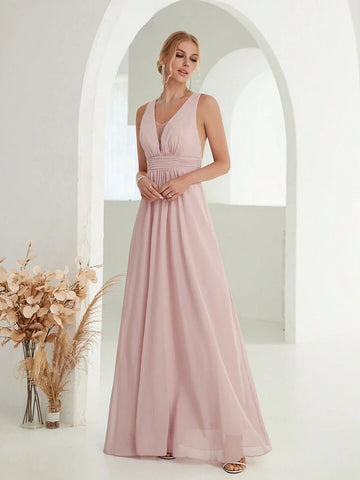 Plunging Neck Ruched Waist Chiffon Bridesmaid Dress