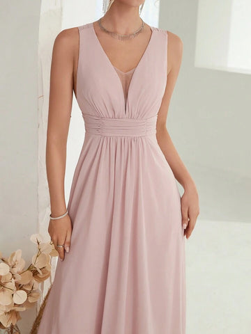 Plunging Neck Ruched Waist Chiffon Bridesmaid Dress