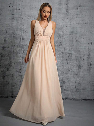 Plunging Neck Ruched Waist Chiffon Bridesmaid Dress