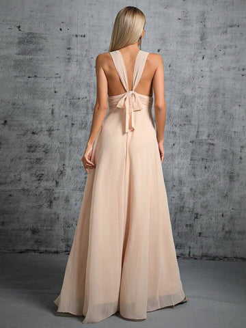 Plunging Neck Ruched Waist Chiffon Bridesmaid Dress