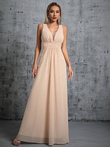 Plunging Neck Ruched Waist Chiffon Bridesmaid Dress