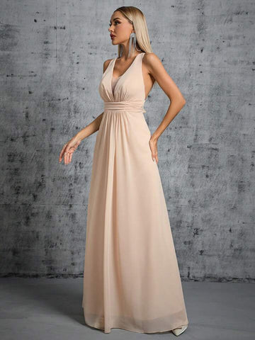 Plunging Neck Ruched Waist Chiffon Bridesmaid Dress