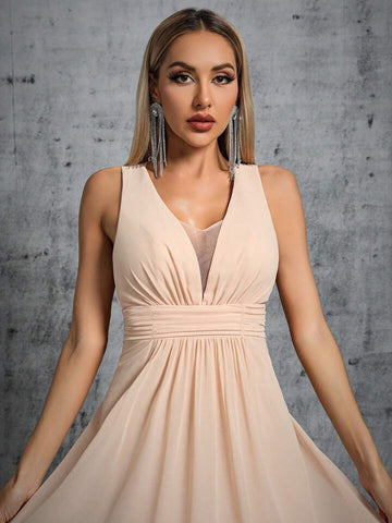 Plunging Neck Ruched Waist Chiffon Bridesmaid Dress