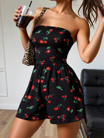 INAWLY Cherry Print Casual Tube Top Romper For Summer