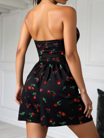 INAWLY Cherry Print Casual Tube Top Romper For Summer