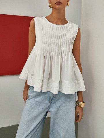 Women Solid Color Pleated Ruffled Hem Sleeveless Blouse