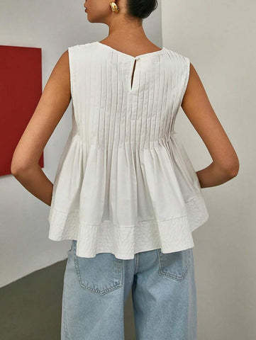 Women Solid Color Pleated Ruffled Hem Sleeveless Blouse