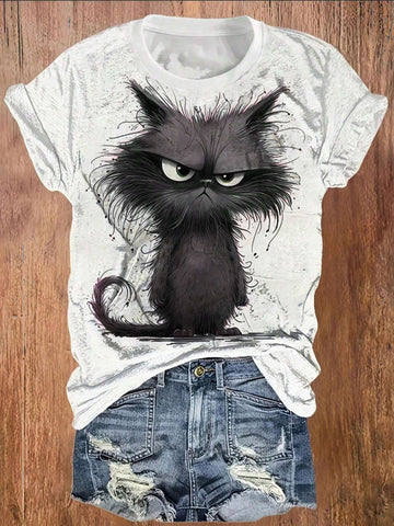 Women's Black & White Cat Print Casual Crew Neck T-Shirt Graphic Tees Women Tops