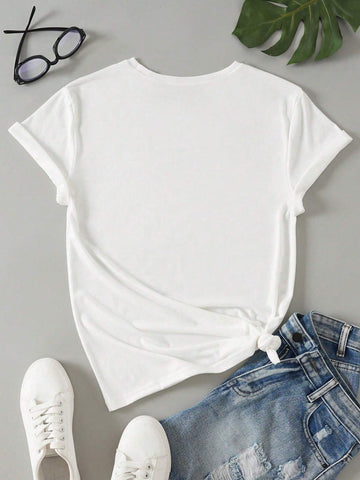 Women's Black & White Cat Print Casual Crew Neck T-Shirt Graphic Tees Women Tops