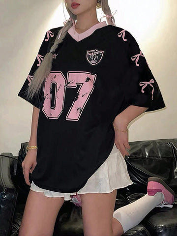 Women's Crew Neck Mid Sleeve Bow & Number Print Simple Casual T-Shirt Graphic Tees Women Tops