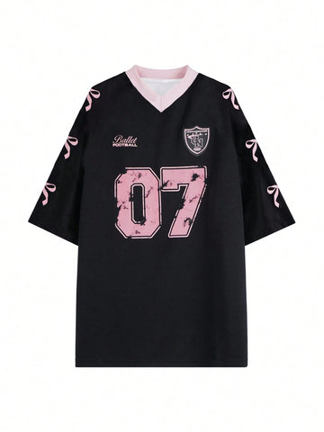Women's Crew Neck Mid Sleeve Bow & Number Print Simple Casual T-Shirt Graphic Tees Women Tops