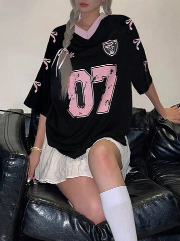 Women's Crew Neck Mid Sleeve Bow & Number Print Simple Casual T-Shirt Graphic Tees Women Tops