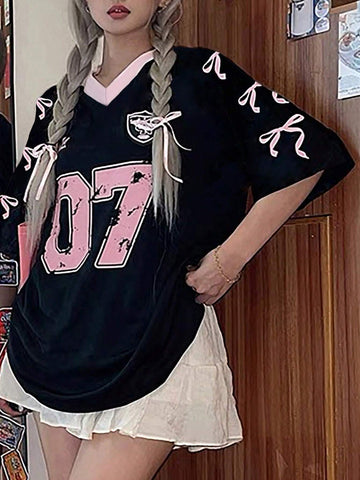 Women's Crew Neck Mid Sleeve Bow & Number Print Simple Casual T-Shirt Graphic Tees Women Tops
