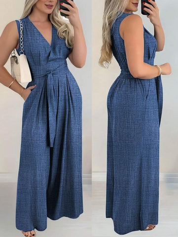INAWLY Women's Elegant Vacation Criss-Cross Front Tie Up Pockets Wide Leg Casual Jumpsuit