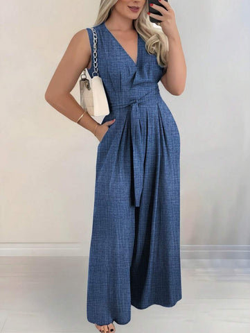INAWLY Women's Elegant Vacation Criss-Cross Front Tie Up Pockets Wide Leg Casual Jumpsuit