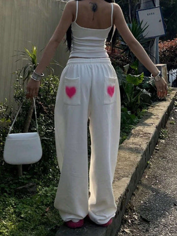 INAWLY Women's Heart Print Simple Everyday Casual Long Pants