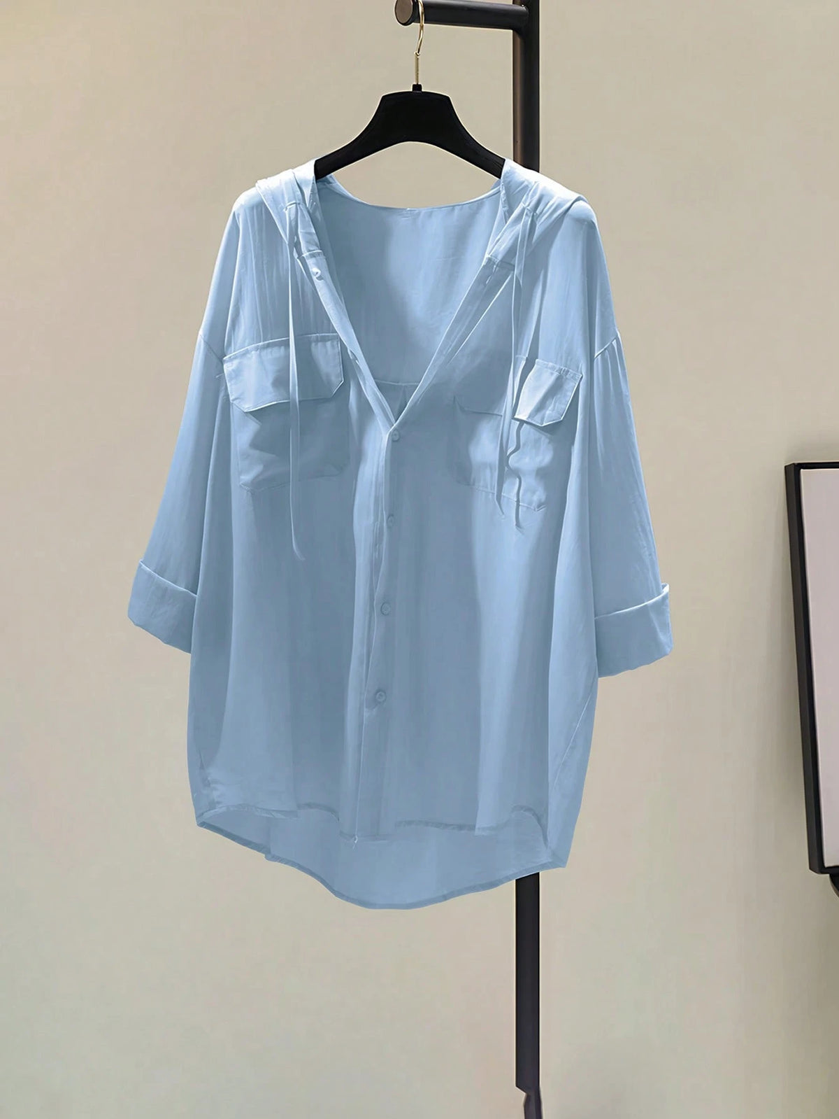 Women's Solid Color Dropped Shoulder Sleeve Utility Pocket Casual Hooded Shirt