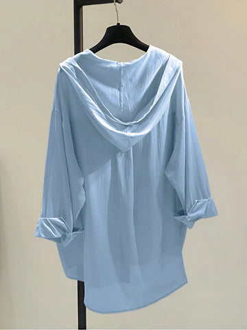 Women's Solid Color Dropped Shoulder Sleeve Utility Pocket Casual Hooded Shirt