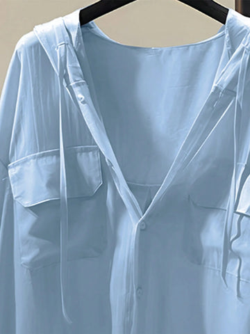 Women's Solid Color Dropped Shoulder Sleeve Utility Pocket Casual Hooded Shirt