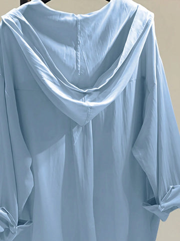 Women's Solid Color Dropped Shoulder Sleeve Utility Pocket Casual Hooded Shirt