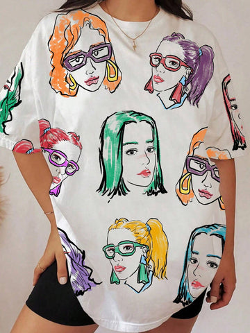 Women's Summer Loose Casual T-Shirt With Round Neck, Dropped Shoulder, And Character Print