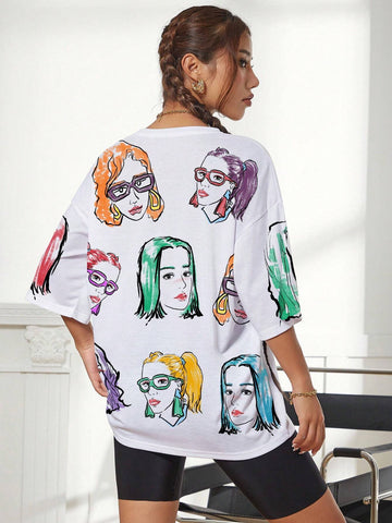 Women's Summer Loose Casual T-Shirt With Round Neck, Dropped Shoulder, And Character Print