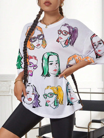 Women's Summer Loose Casual T-Shirt With Round Neck, Dropped Shoulder, And Character Print