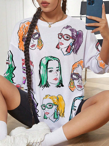 Women's Summer Loose Casual T-Shirt With Round Neck, Dropped Shoulder, And Character Print