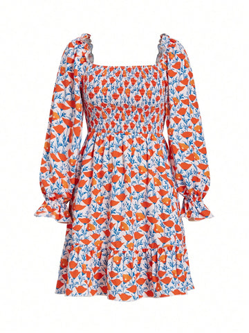Women's Full Printed Floral Wrap Dress With Ruffled Hem Bell Sleeve