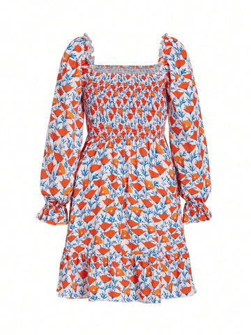 Women's Full Printed Floral Wrap Dress With Ruffled Hem Bell Sleeve