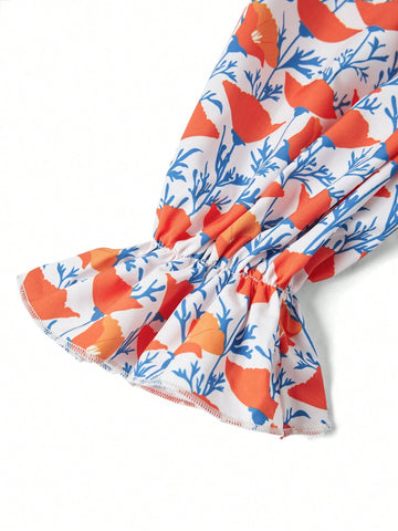 Women's Full Printed Floral Wrap Dress With Ruffled Hem Bell Sleeve
