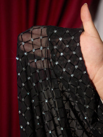 ISELACOS Black Glitter See-Through Mesh Bow Dress Sexy Party Mini Dress