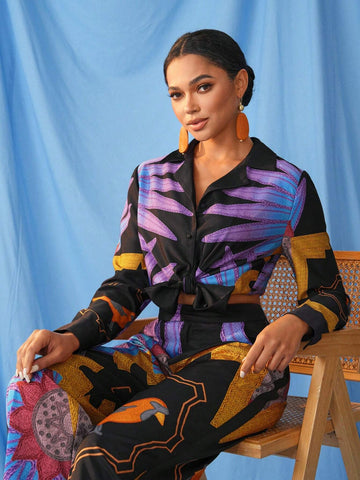 ISELACOS Women's Loose Fit Plant Printed Long Sleeve Shirt Suitable For Spring/Summer