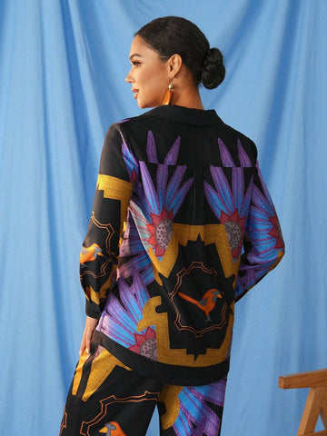 ISELACOS Women's Loose Fit Plant Printed Long Sleeve Shirt Suitable For Spring/Summer