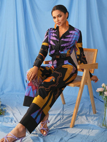 ISELACOS Women's Loose Fit Plant Printed Long Sleeve Shirt Suitable For Spring/Summer